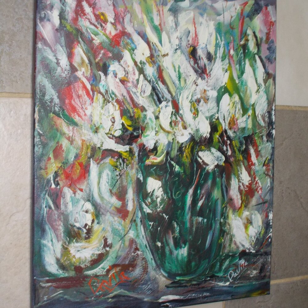Original collectable "Floral Frenzy" intuitive oil painting by Davila, signed